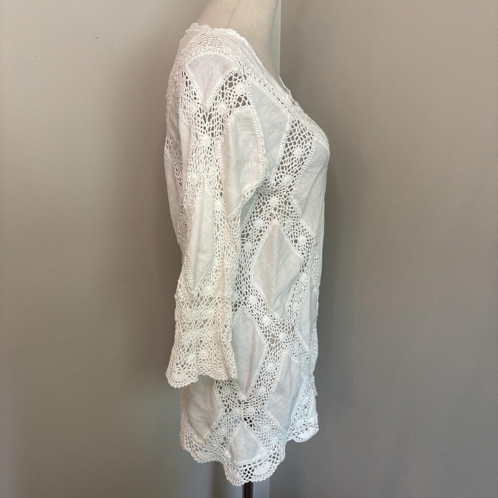 Sigrid Olsen VTG White Linen Crochet Tunic Top Lace Diamond Y2K Boho Sz Medium M - Picture 3 of 8